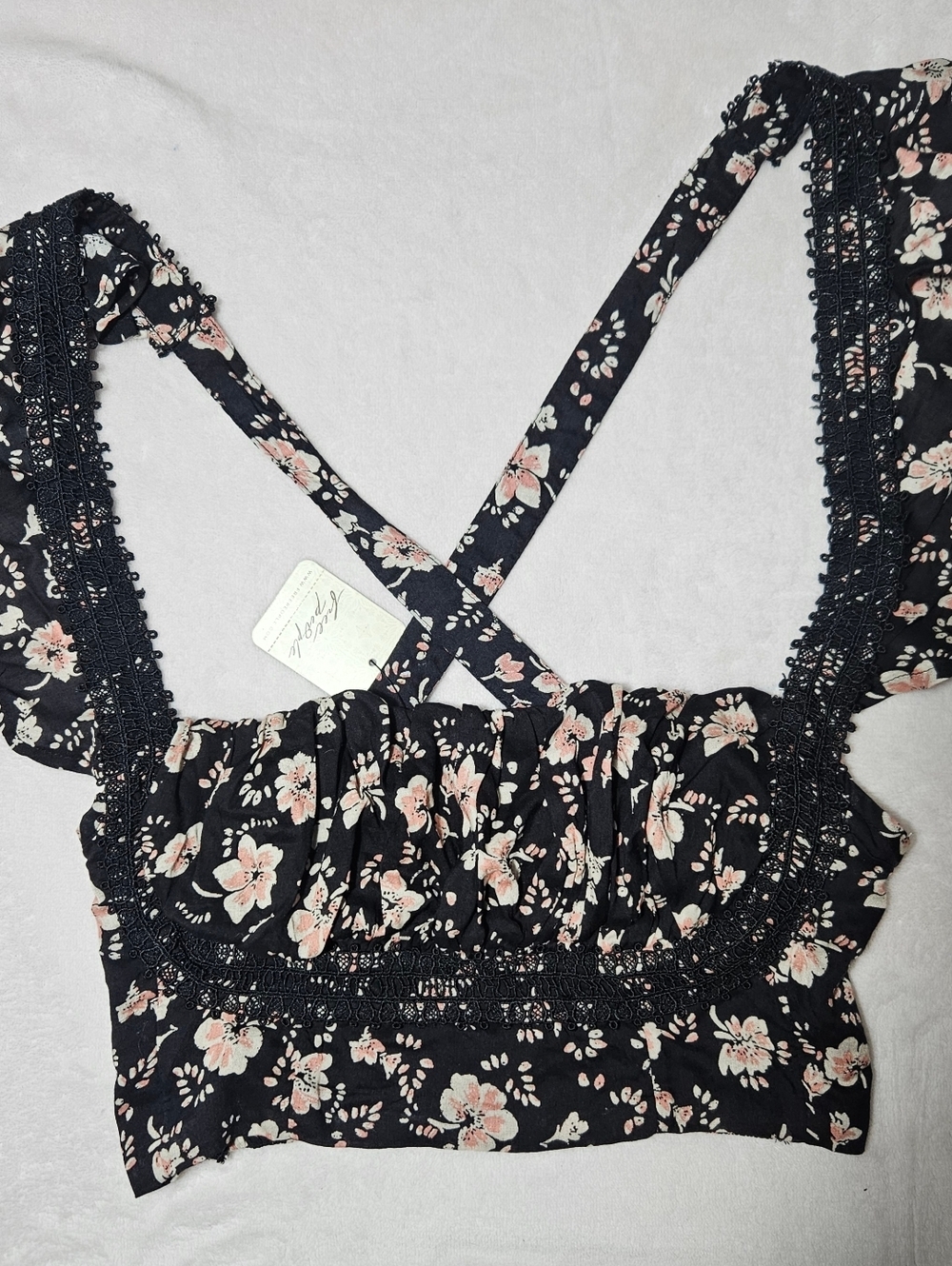 Free People Black Floral Smocked Crop Top with Blush Accents